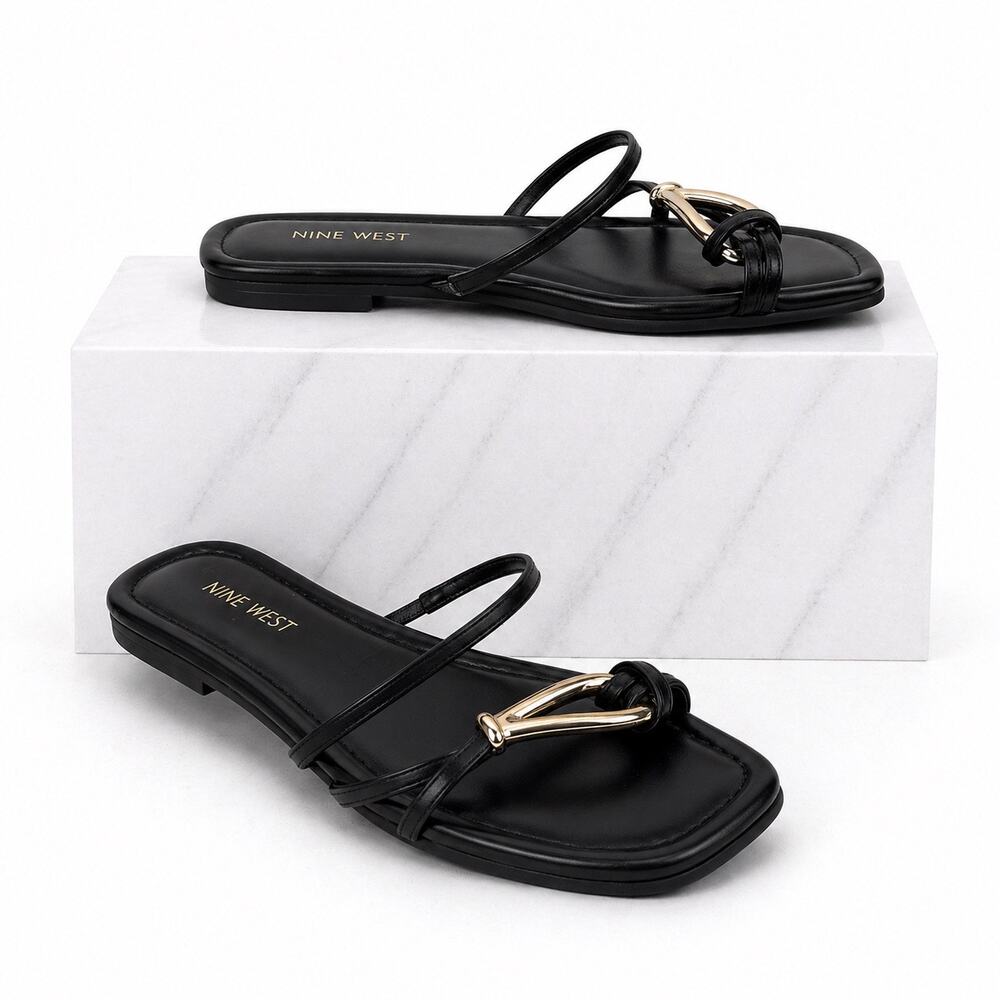 Nine West Black Slide Sandals with Gold Accent Knot